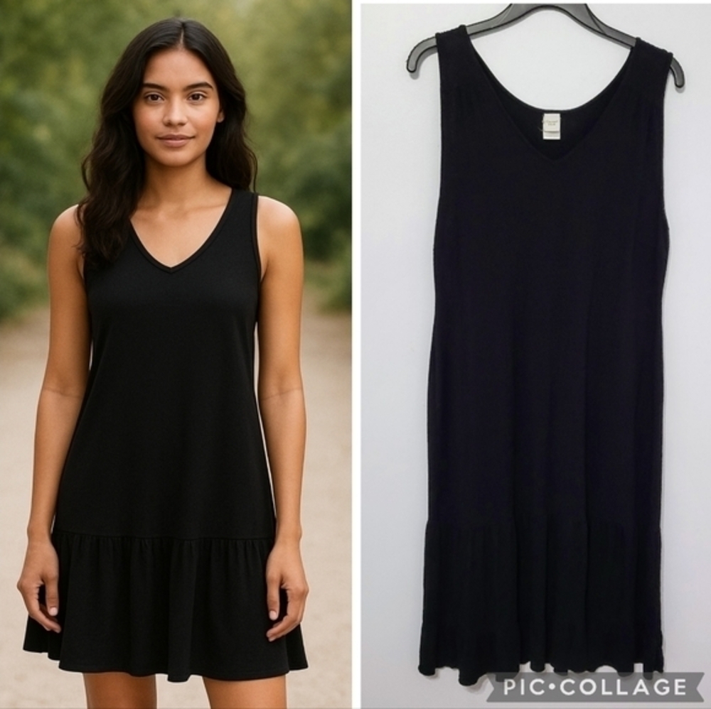 Garnet Hill Sleeveless Black Jersey Knit Dress Size L Tiered Hem Ruffle Stretch